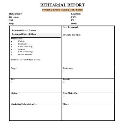 stage manager rehearsal report template